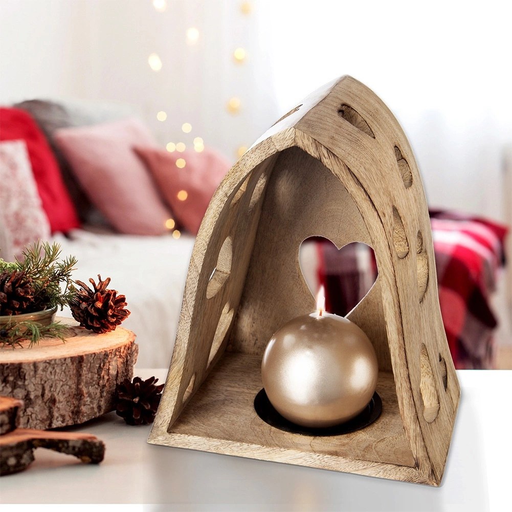 Świecznik Drewniany Mango Serce 23 cm Ażurowy Loft Lampion ORION Dom - obrazek 6