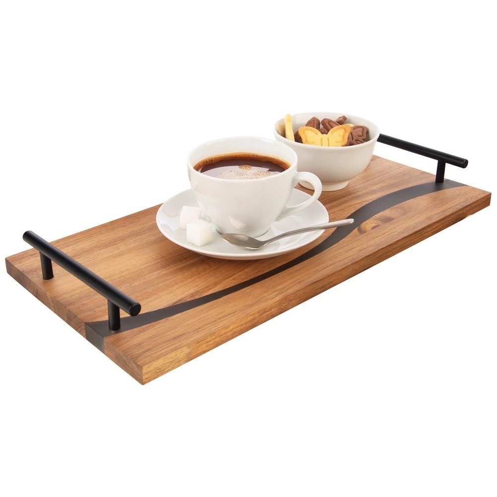 Taca do Serwowania Drewniana RIVER 42 x 20 cm ORION Żywica Uchwyty Metalowe - obrazek 7
