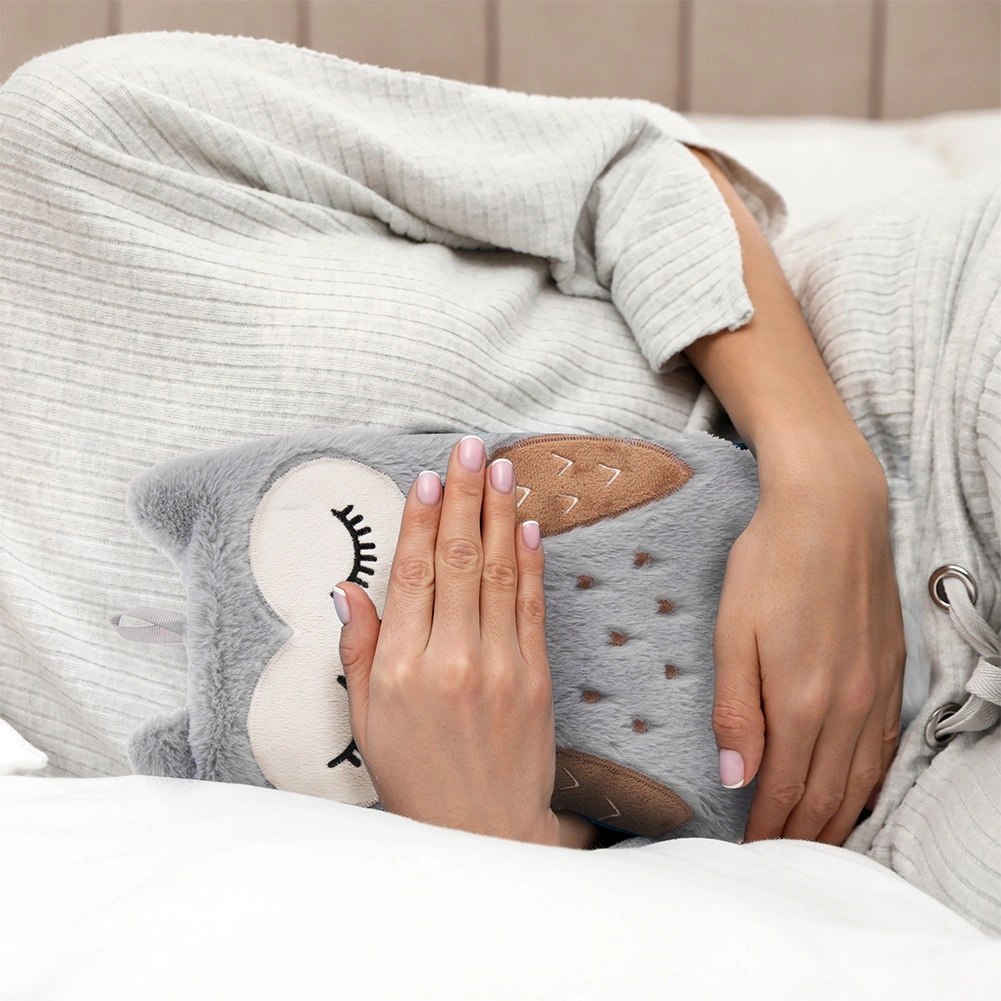 Termofor 600ml w Pokrowcu Sowa Rozgrzewający Miękki Plusz ORION Szary - obrazek 2