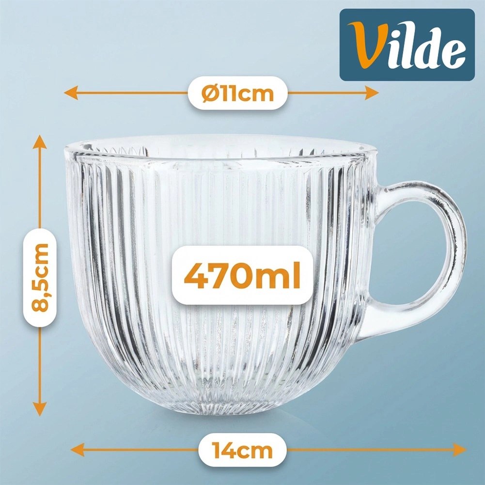 Zestaw 6 Szklanek XXL 470 ml z Uchem do Kawy Herbaty Ryflowane VILDE - obrazek 4