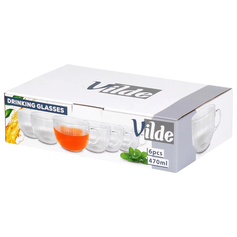 Zestaw 6 Szklanek XXL 470 ml z Uchem do Kawy Herbaty Ryflowane VILDE - obrazek 7