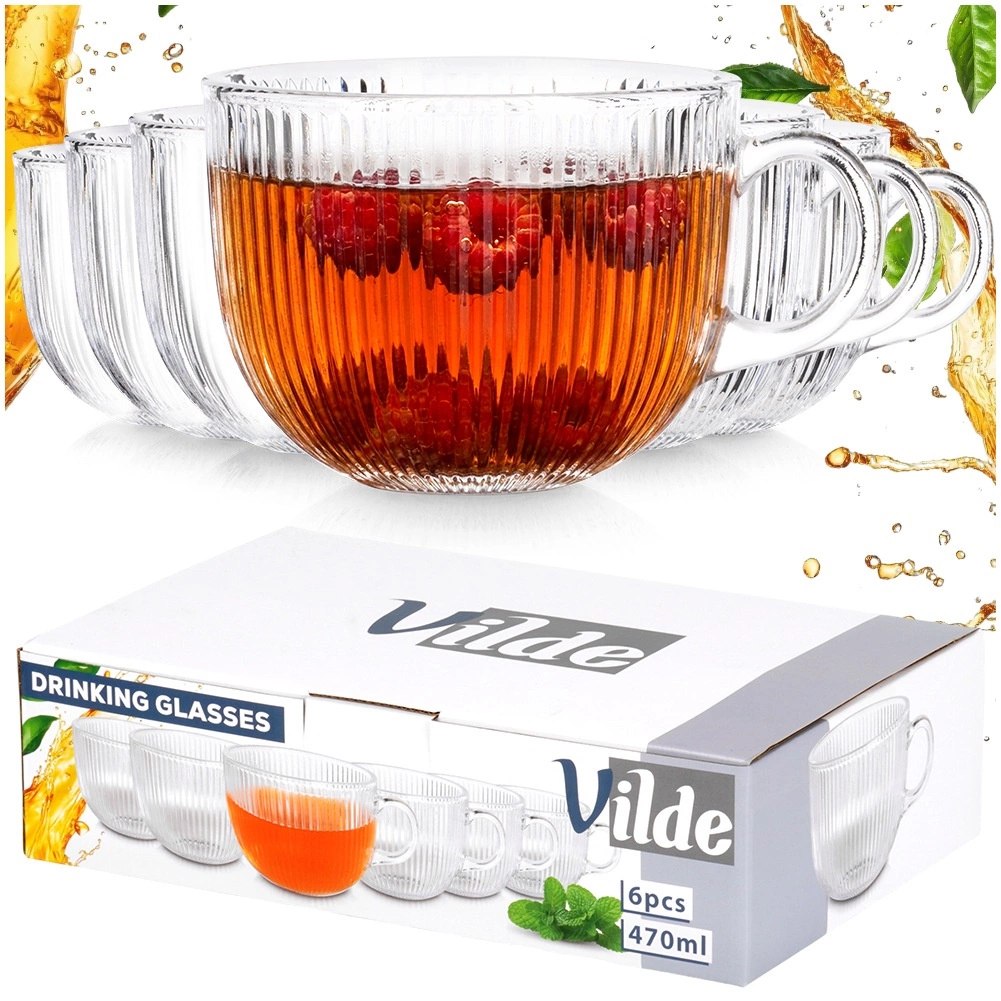 Zestaw 6 Szklanek XXL 470 ml z Uchem do Kawy Herbaty Ryflowane VILDE - obrazek 8