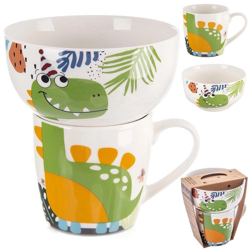 Zestaw Kubek Miseczka dla Dziecka Dziecięcy Porcelanowy Dinozaur ORION 2el.