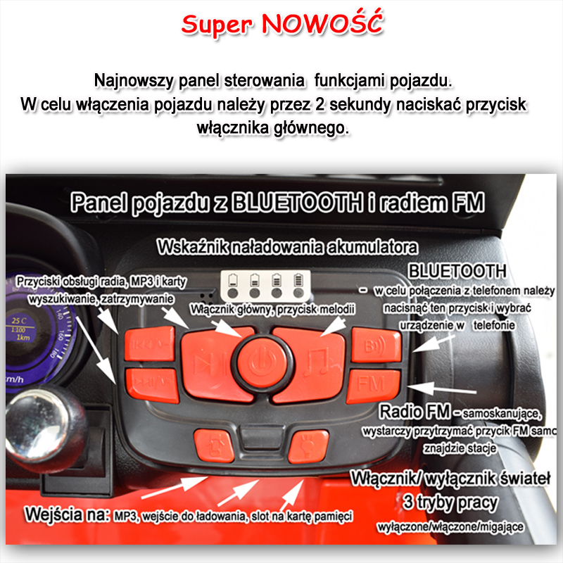 MEGA JEEP SUNSHINE, NAPĘD 4X4, 2X12V, WOLNY START/ MIĘKKIE KOŁA, BLUETOOTH, RADIO EXCLUSIVE/2388 - obrazek 5