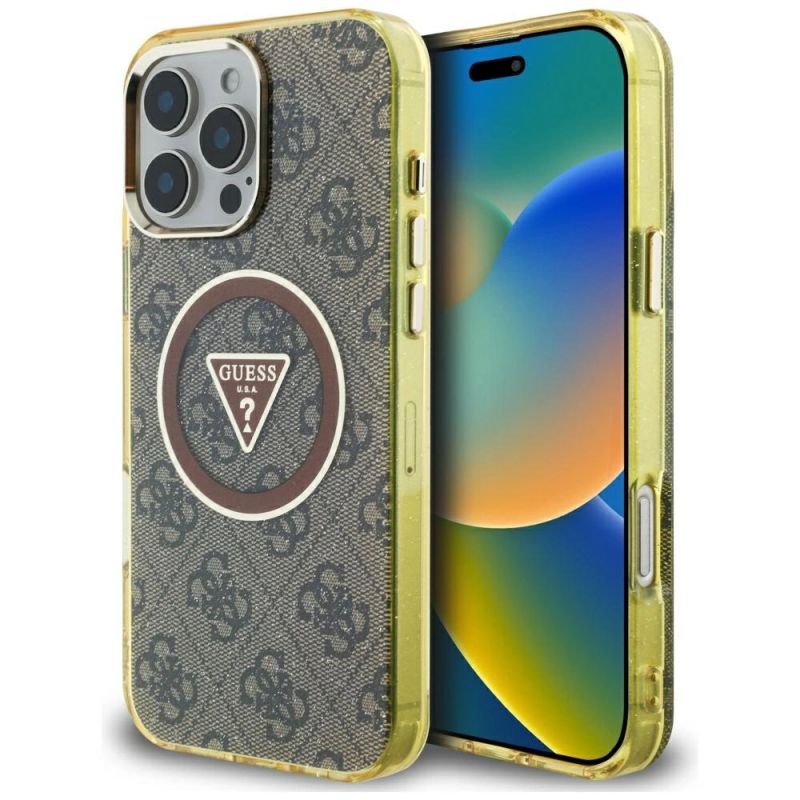 Etui Guess IML Metal Glitter 4G Circle Triangle MagSafe na iPhone 16 Pro Max - brązowe