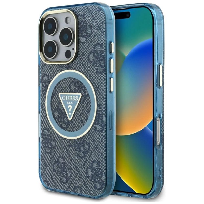 Etui Guess IML Metal Glitter 4G Circle Triangle MagSafe na iPhone 16 Pro Max - niebieskie