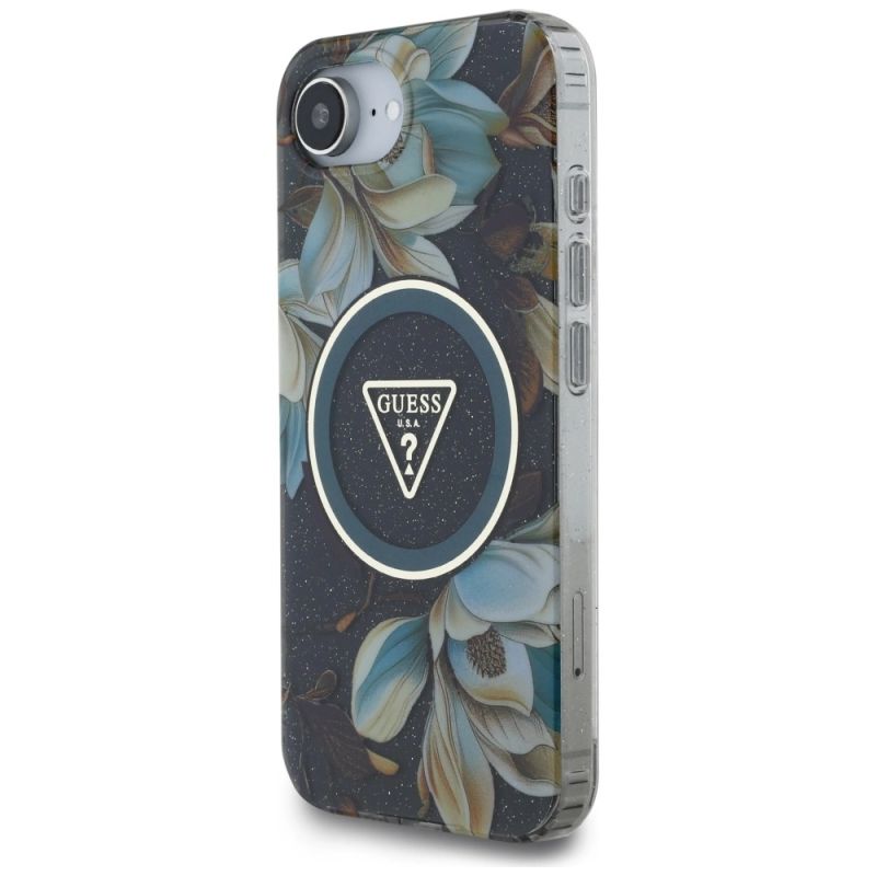Etui Guess IML Metal Glitter Flowers Triangle MagSafe na iPhone 16e - czarne - obrazek 2