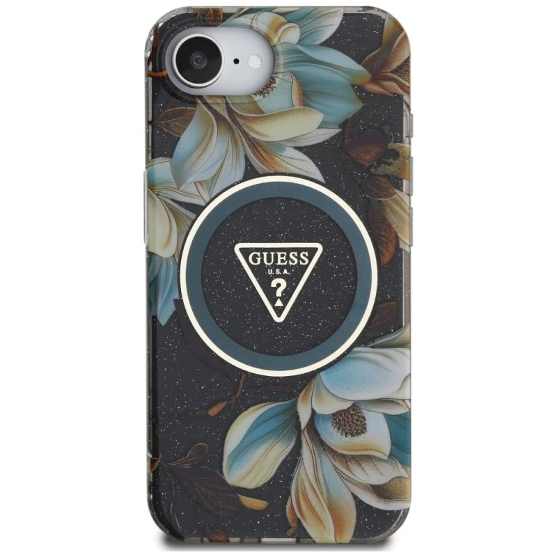 Etui Guess IML Metal Glitter Flowers Triangle MagSafe na iPhone 16e - czarne - obrazek 3
