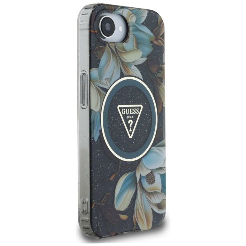 Etui Guess IML Metal Glitter Flowers Triangle MagSafe na iPhone 16e - czarne - obrazek 4