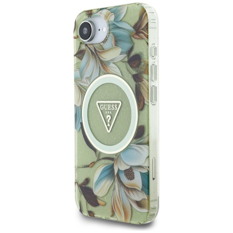 Etui Guess IML Metal Glitter Flowers Triangle MagSafe na iPhone 16e - zielone - obrazek 2