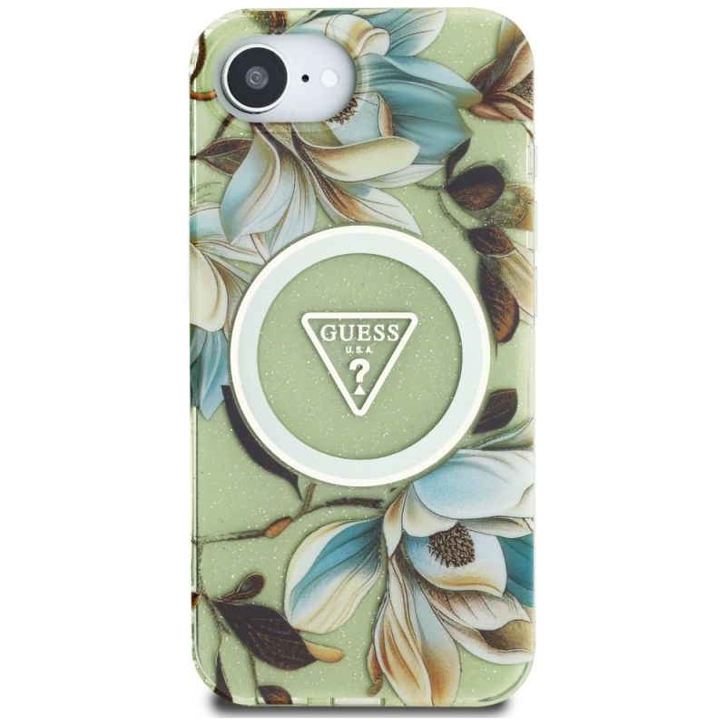 Etui Guess IML Metal Glitter Flowers Triangle MagSafe na iPhone 16e - zielone - obrazek 3
