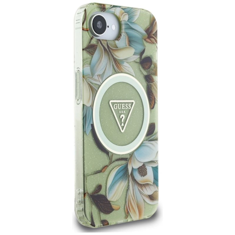 Etui Guess IML Metal Glitter Flowers Triangle MagSafe na iPhone 16e - zielone - obrazek 4