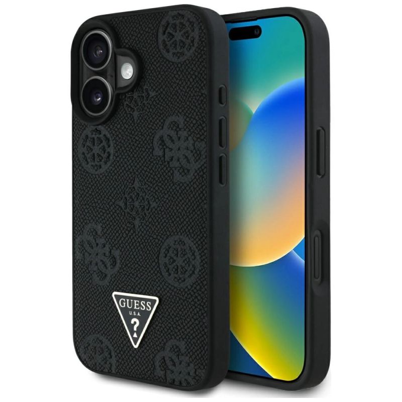 Etui Guess Grained Hot Stamp Peony Triangle Logo MagSafe na iPhone 16 - czarne