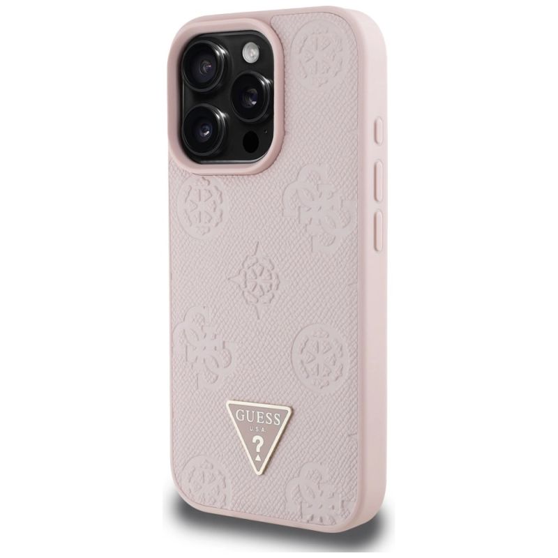Etui Guess Grained Hot Stamp Peony Triangle Logo MagSafe na iPhone 16 Pro - różowe - obrazek 2