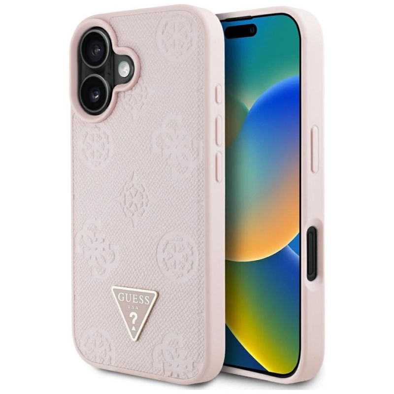 Etui Guess Grained Hot Stamp Peony Triangle Logo MagSafe na iPhone 16 - różowe