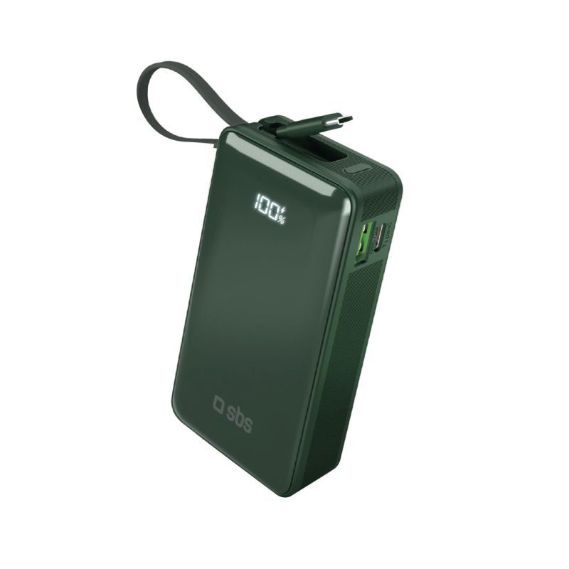 Powerbank SBS 10000 mAh 20W z wbudowanym kablem USB-C i wyświetlaczem cyfrowym - zielony