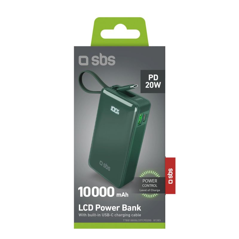 Powerbank SBS 10000 mAh 20W z wbudowanym kablem USB-C i wyświetlaczem cyfrowym - zielony - obrazek 2