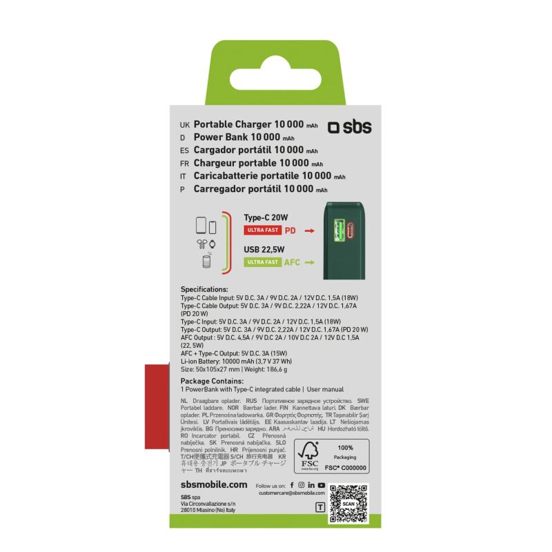 Powerbank SBS 10000 mAh 20W z wbudowanym kablem USB-C i wyświetlaczem cyfrowym - zielony - obrazek 3