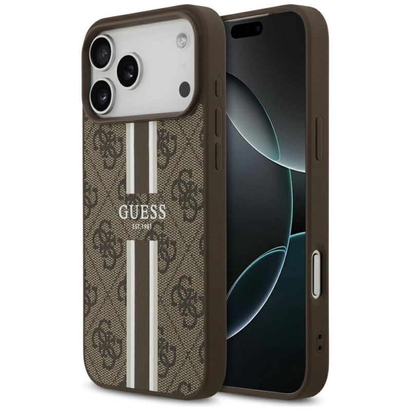 Etui Guess 4G Printed Stripes MagSafe na iPhone 17 Pro Max - brązowe