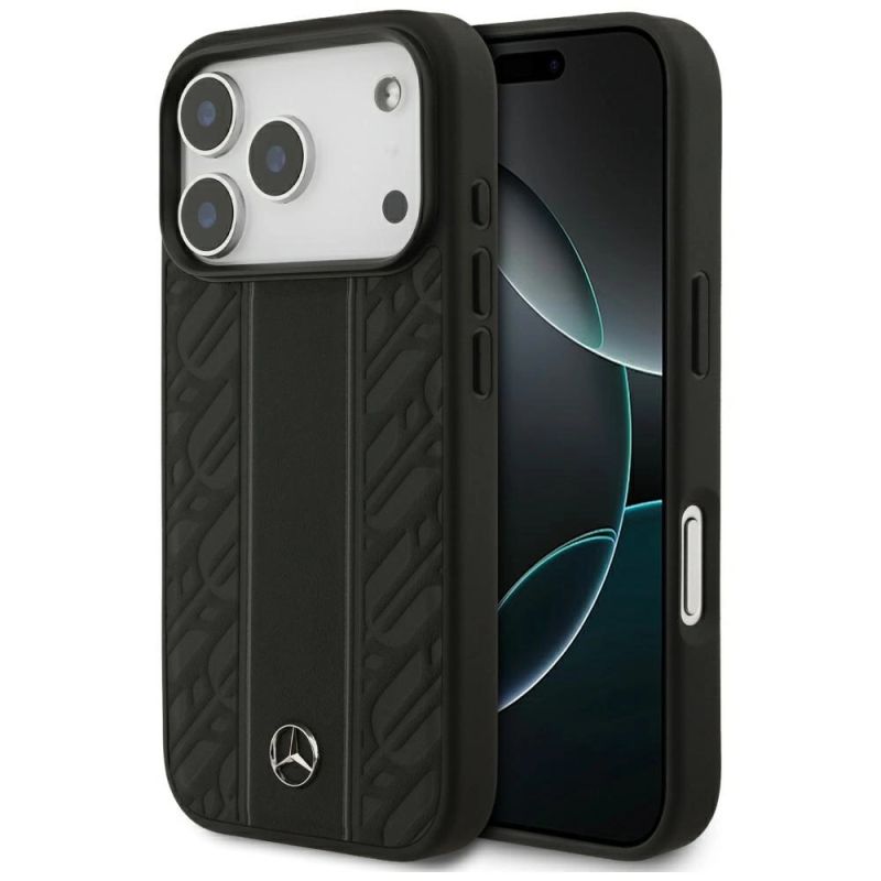 Etui Mercedes Leather Laurel Leaves Stripes MagSafe do iPhone 17 Pro - czarne