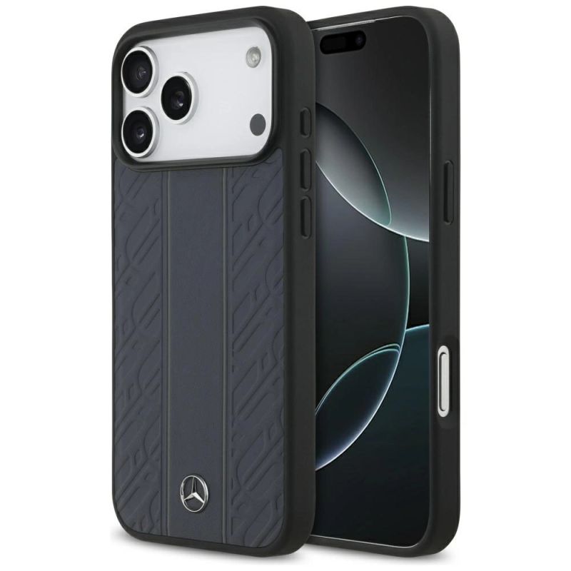 Etui Mercedes Leather Laurel Leaves Stripes MagSafe na iPhone 17 Pro Max - niebieskie
