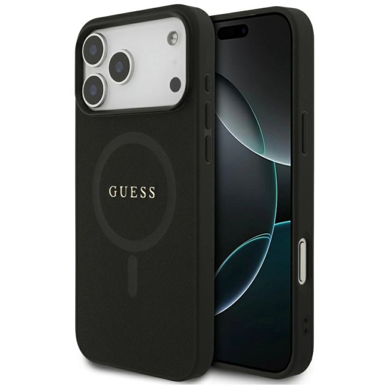 Etui Guess Saffiano Classic Logo MagSafe na iPhone 17 Pro Max - czarne