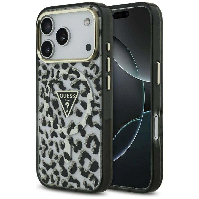 Etui Guess Leopard Glitter MagSafe na iPhone 17 Pro - czarne