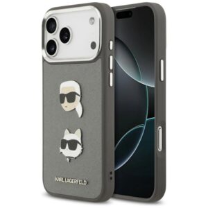Etui Karl Lagerfeld FW Grained Karl & Choupette Heads Pins & Logo na iPhone 17 Pro Max - szare