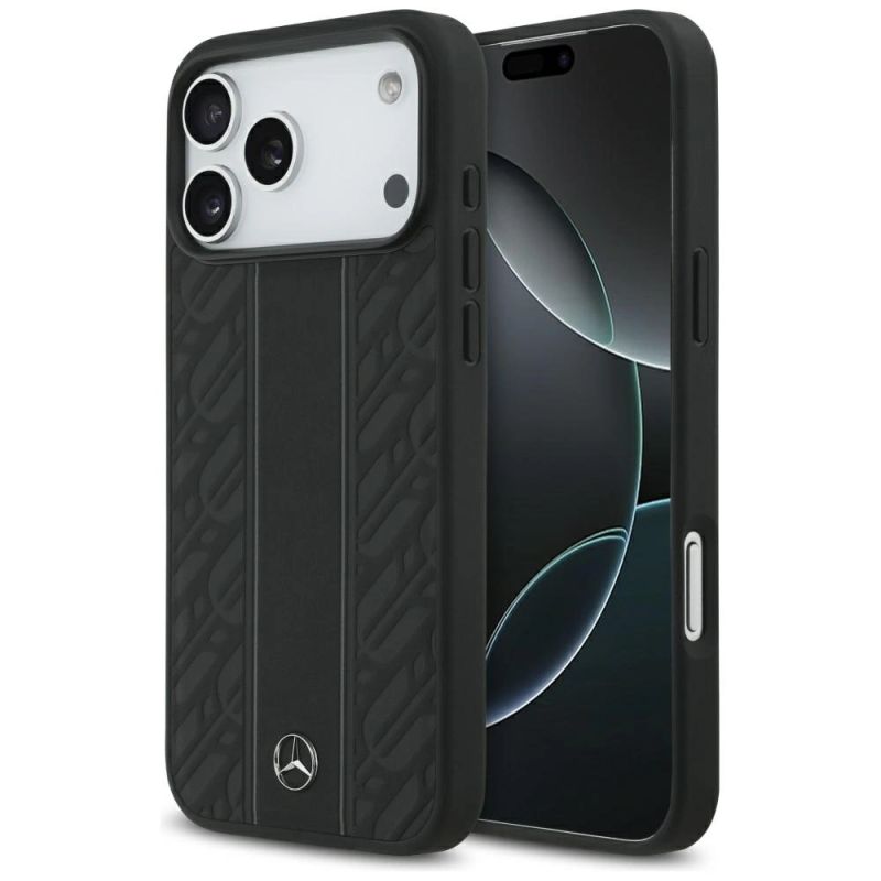 Etui Mercedes Leather Laurel Leaves Stripes MagSafe na iPhone 17 Pro Max - czarne