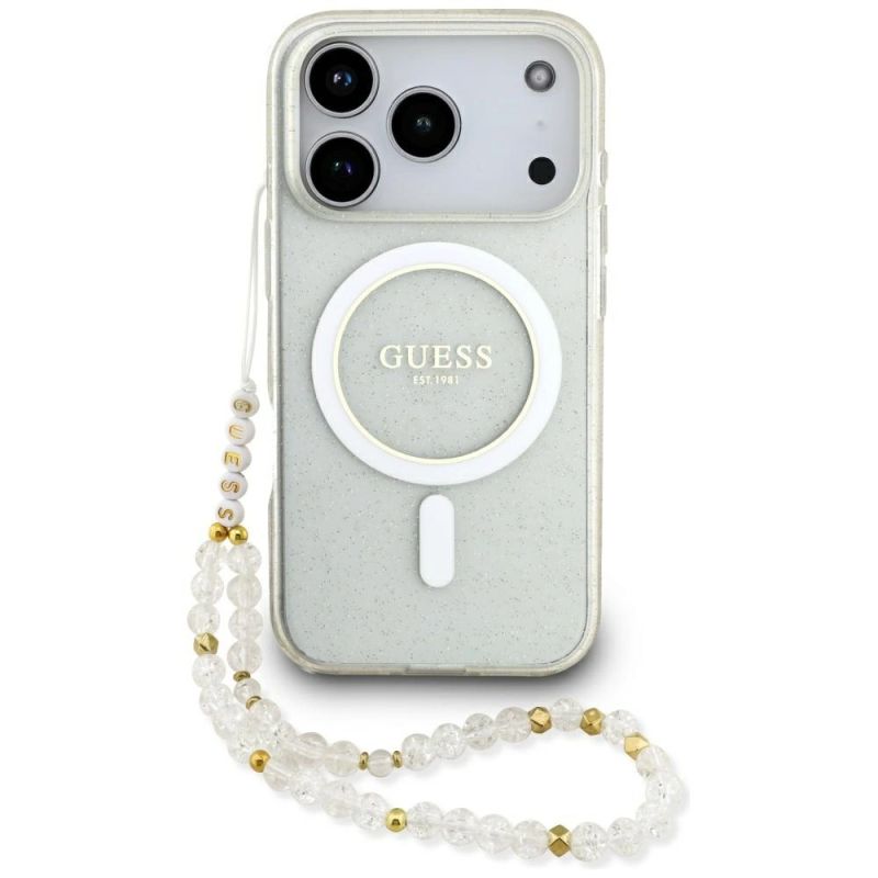 Etui Guess IML Glitter Pearl Strap MagSafe do iPhone 17 Pro - przezroczyste