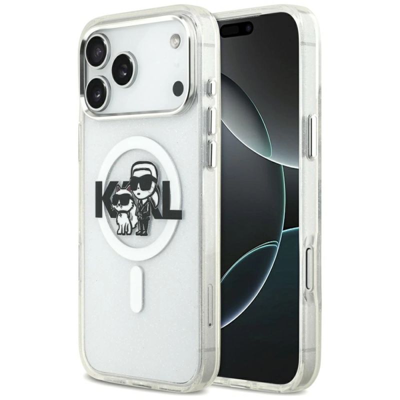 Etui Karl Lagerfeld IML Glitter Karl & Choupette Sketch Logo MagSafe do iPhone 17 Pro Max - przezroczyste