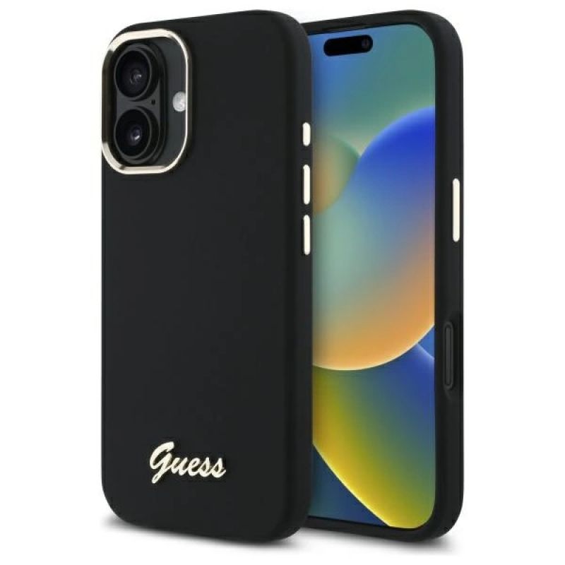 Etui Guess Silicone Script Metal Logo & Frame na iPhone 16 Plus - czarne