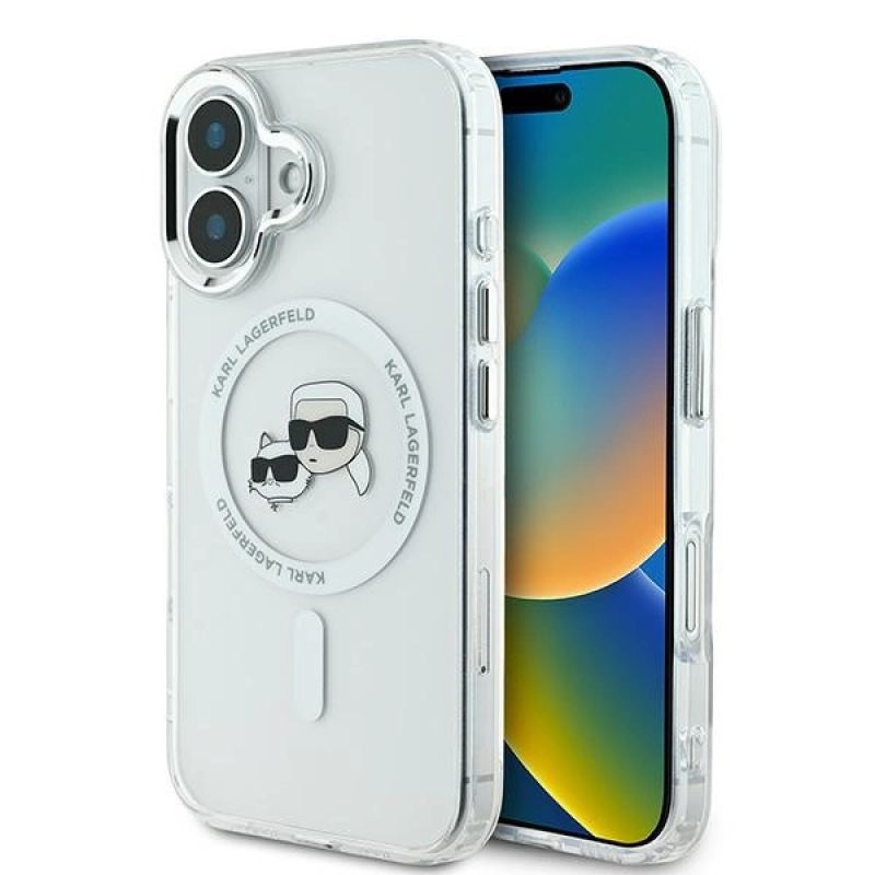 Etui Karl Lagerfeld IML Metal Karl&Choupette Head MagSafe na iPhone 16 - białe