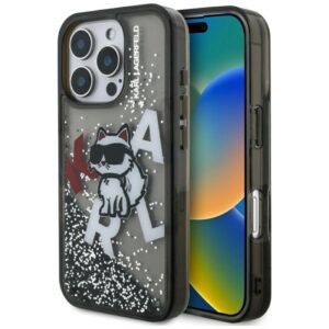 Etui Karl Lagerfeld Liquid Glitter Choupette Logo na iPhone 16 Pro - czarne