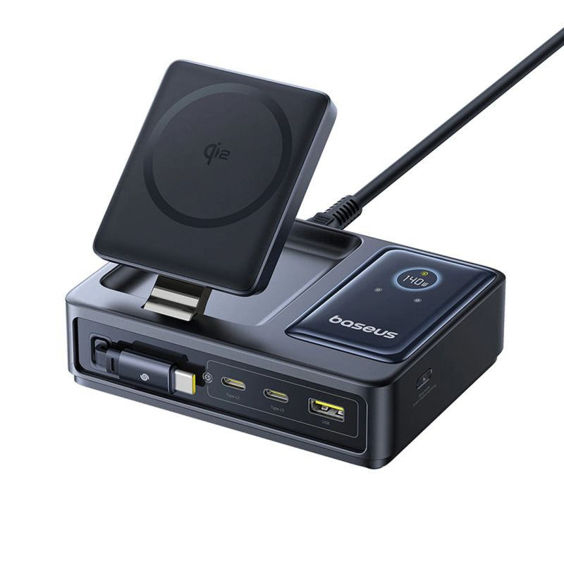 Stacja ładująca Baseus NOMOS 140W Qi2 5w1 bezprzewodowa ze zwijanym kablem USB-C i wyświetlaczem cyfrowym - czarna