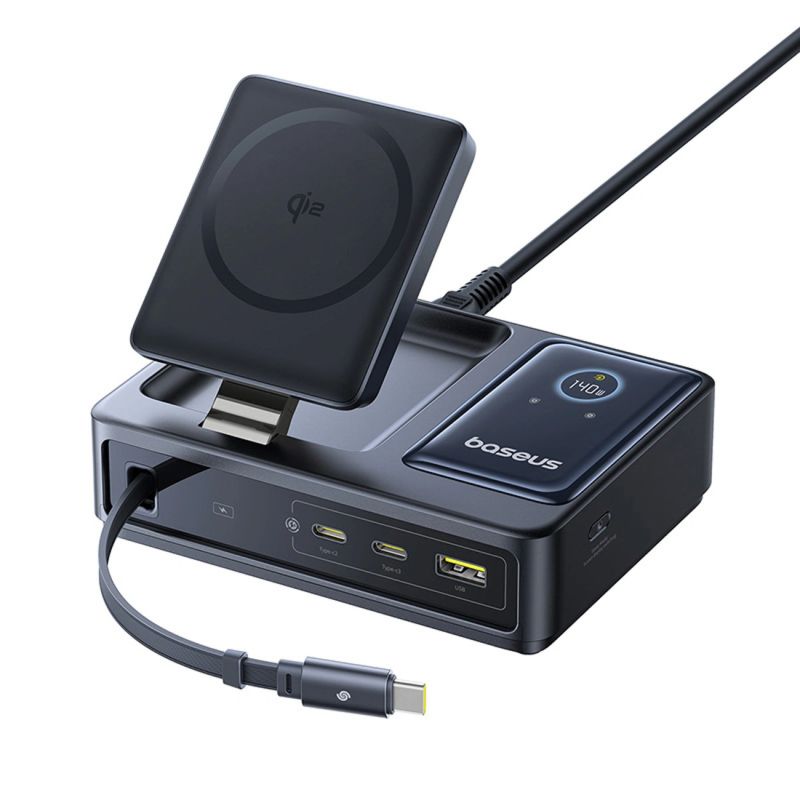 Stacja ładująca Baseus NOMOS 140W Qi2 5w1 bezprzewodowa ze zwijanym kablem USB-C i wyświetlaczem cyfrowym - czarna - obrazek 2