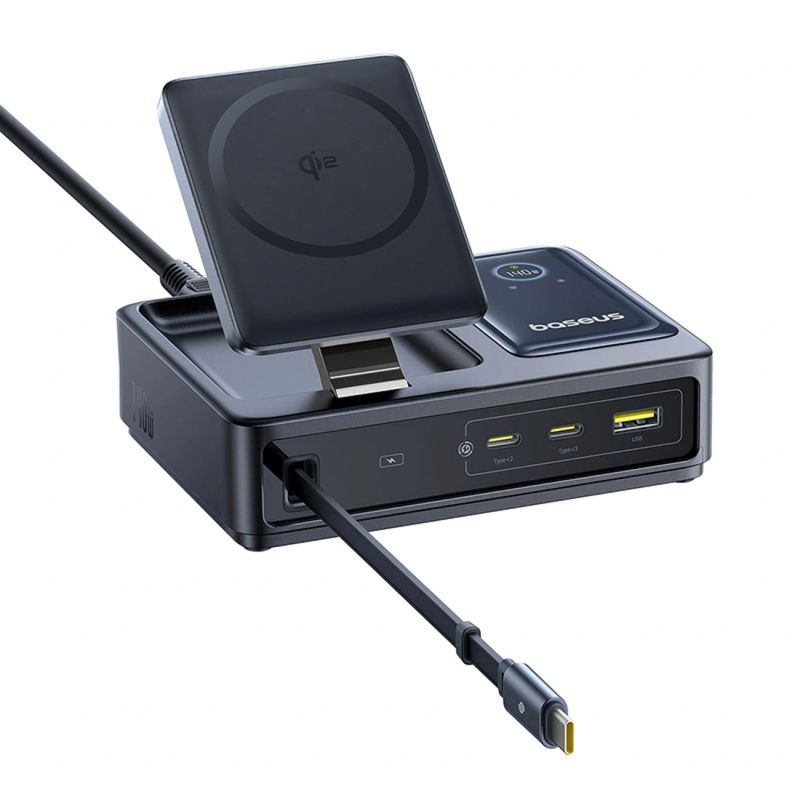 Stacja ładująca Baseus NOMOS 140W Qi2 5w1 bezprzewodowa ze zwijanym kablem USB-C i wyświetlaczem cyfrowym - czarna - obrazek 3