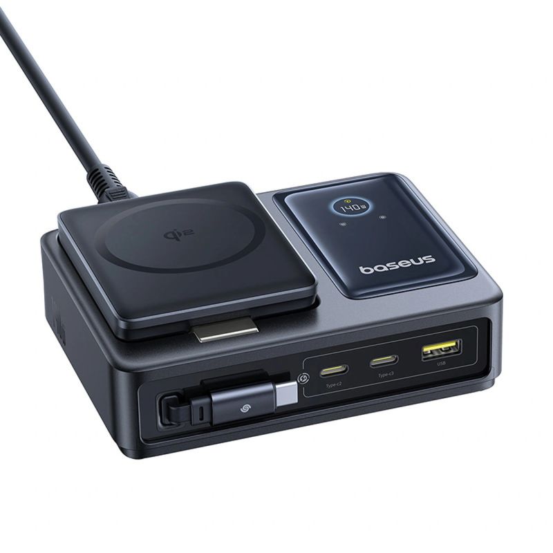 Stacja ładująca Baseus NOMOS 140W Qi2 5w1 bezprzewodowa ze zwijanym kablem USB-C i wyświetlaczem cyfrowym - czarna - obrazek 4