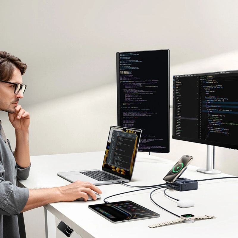 Stacja ładująca Baseus NOMOS 140W Qi2 5w1 bezprzewodowa ze zwijanym kablem USB-C i wyświetlaczem cyfrowym - czarna - obrazek 9