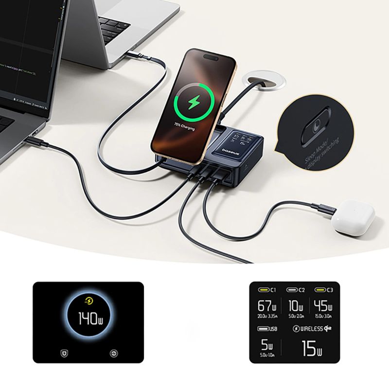Stacja ładująca Baseus NOMOS 140W Qi2 5w1 bezprzewodowa ze zwijanym kablem USB-C i wyświetlaczem cyfrowym - czarna - obrazek 12