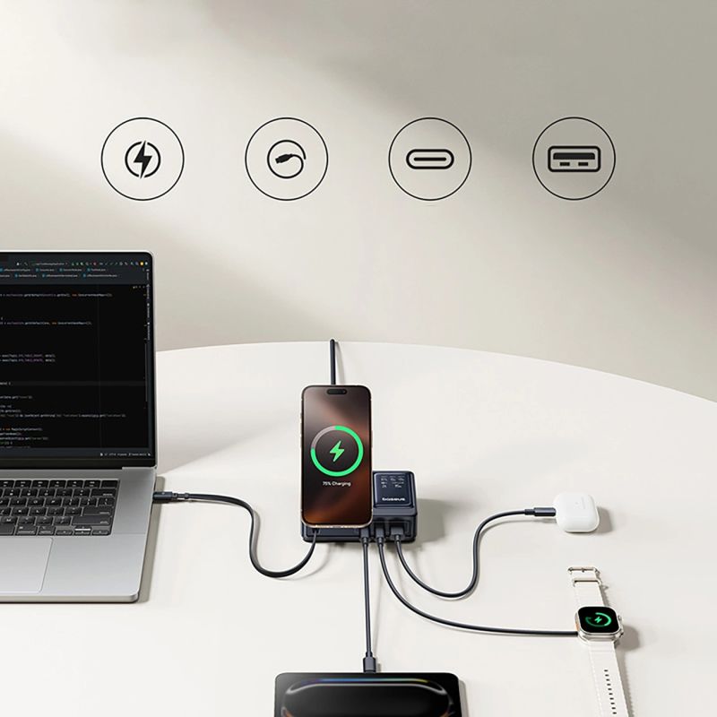 Stacja ładująca Baseus NOMOS 140W Qi2 5w1 bezprzewodowa ze zwijanym kablem USB-C i wyświetlaczem cyfrowym - czarna - obrazek 13