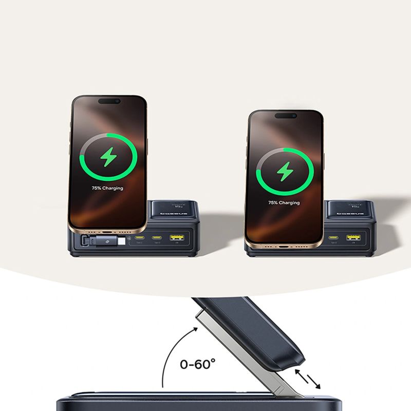 Stacja ładująca Baseus NOMOS 140W Qi2 5w1 bezprzewodowa ze zwijanym kablem USB-C i wyświetlaczem cyfrowym - czarna - obrazek 14