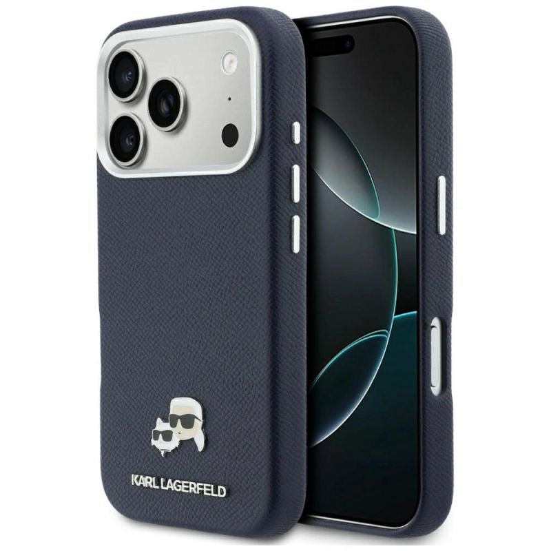 Etui Karl Lagerfeld Karl & Choupette Head Pins Saffiano MagSafe na iPhone 17 Pro - niebieskie