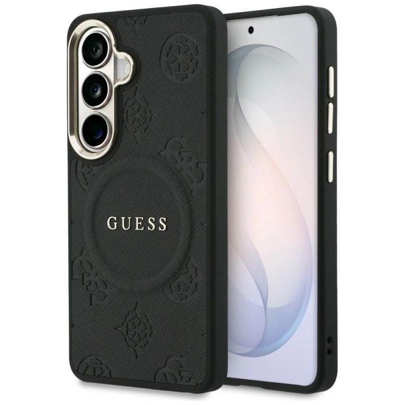 Etui Guess Saffiano Peony Embossed Ring MagSafe na Samsung Galaxy S26 - czarne