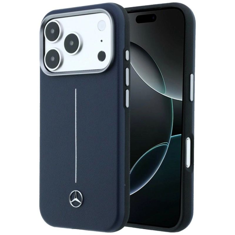 Etui Mercedes Leather Semi Wrap Iconic Line MagSafe na iPhone 17 Pro - granatowe