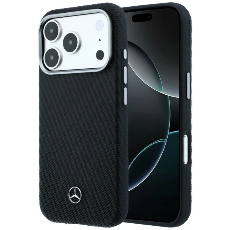 Etui Mercedes Leather Semi Wrap Wood Effect MagSafe na iPhone 17 Pro - czarne