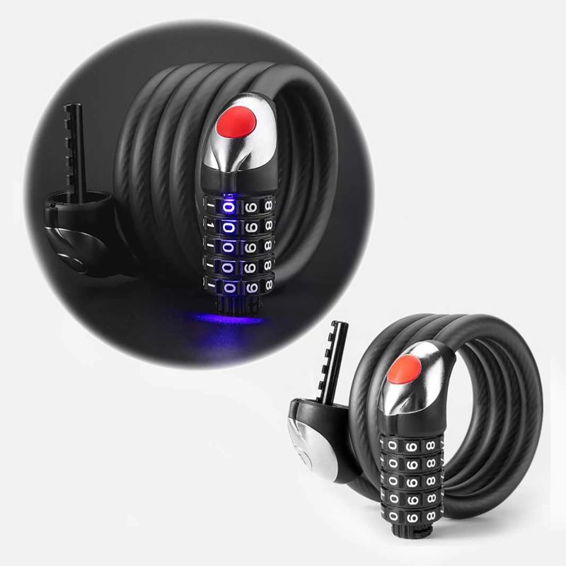 Zapięcie rowerowe Rockbros RKS531 na szyfr 5-cyfrowy linka stalowa 120 cm z oświetleniem LED - czarne - obrazek 4