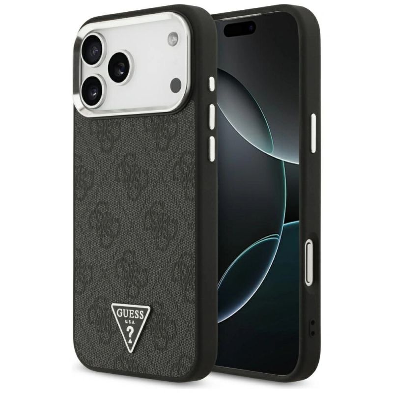 Etui Guess 4G Triangle Logo MagSafe na iPhone 17 Pro Max / 18 Pro Max - czarno-srebrne