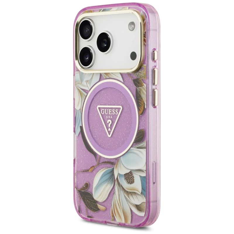 Etui Guess IML Glitter Flowers Triangle MagSafe na iPhone 17 Pro / 18 Pro - fioletowe - obrazek 2