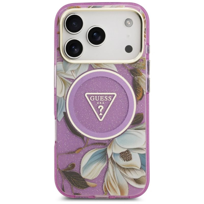 Etui Guess IML Glitter Flowers Triangle MagSafe na iPhone 17 Pro / 18 Pro - fioletowe - obrazek 3